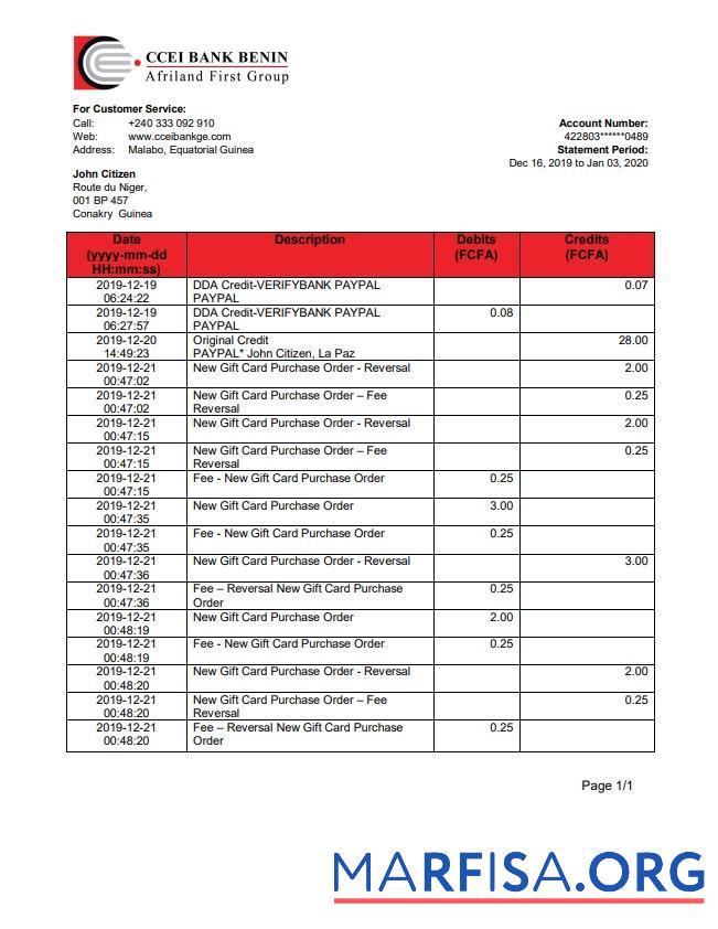 Printable Equatorial Guinea CCEI Bank proof of address statement word sample